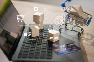 e-commerce marketing online shopping on a laptop Shopping and credit card payments for banking online, paper boxes