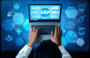 Enterprise Resource Management ERP software system for business resources plan presented in modern graphic interface showing future technology to manage company enterprise resource.