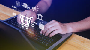 Shopping Online. hand online shopping on laptop computer with virtual graphic icon diagram, payment online, digital marketing, business finance, internet network technology concept.