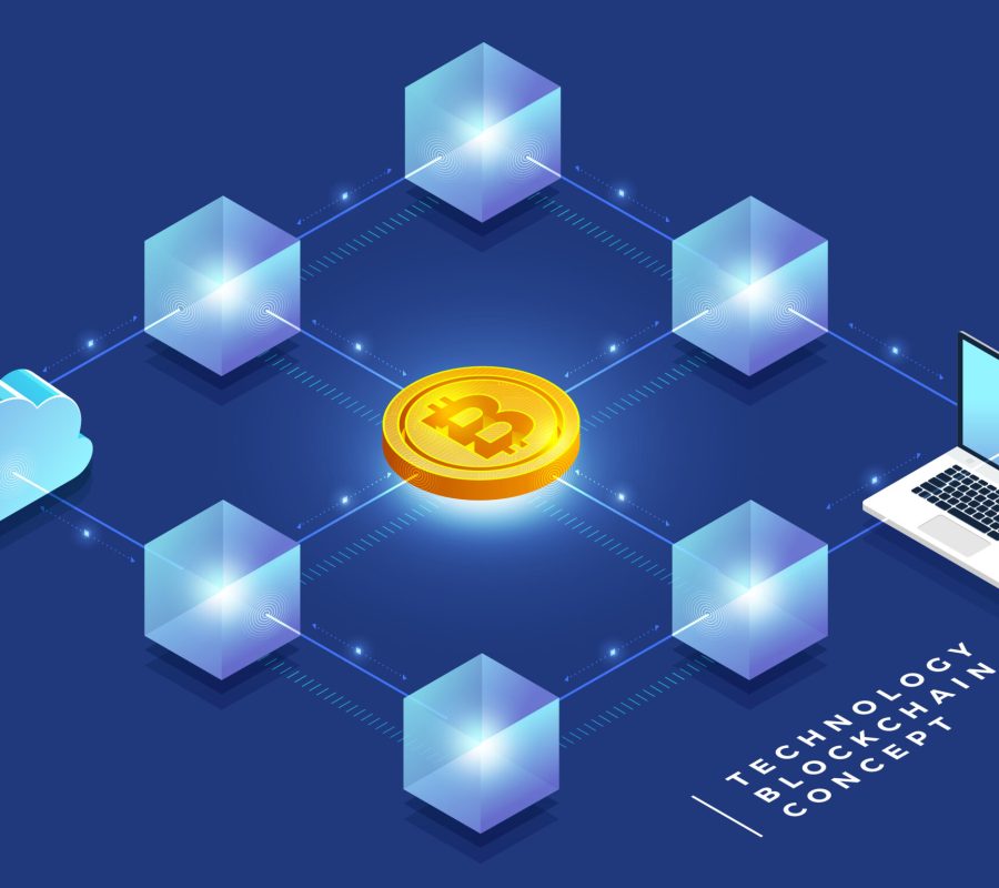 Flat design concept blockchain and cryptocurrency technology. Composition for layout design website banner. Isometric vector illustration.
